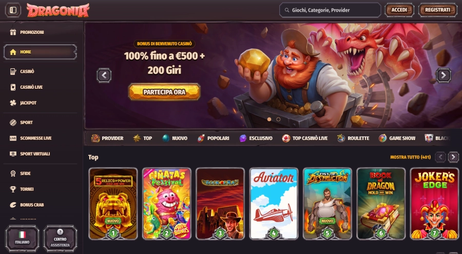 Homepage del casinò Dragonia