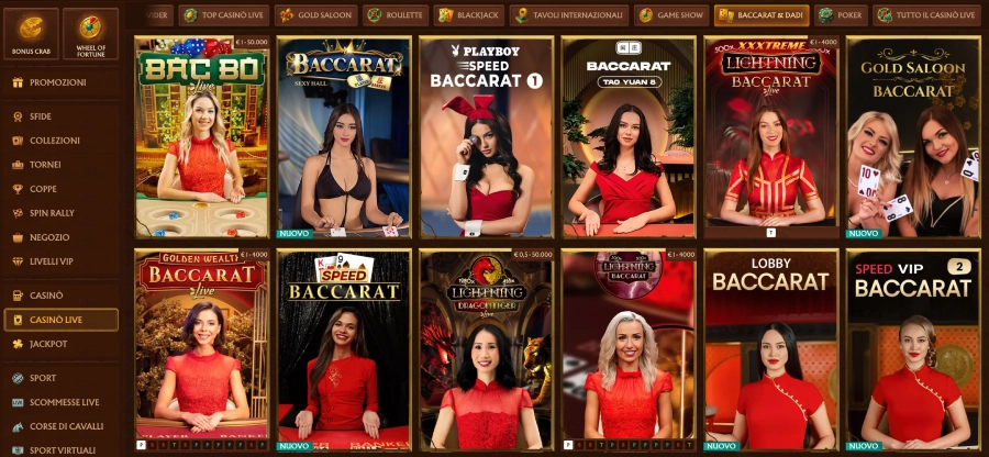 Tavoli con baccarat di diversi fornitori