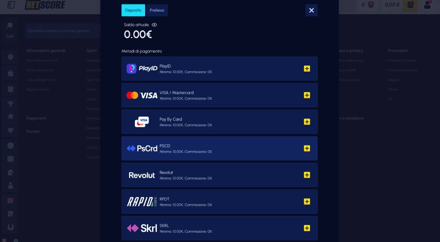 Betscore casinò depositi