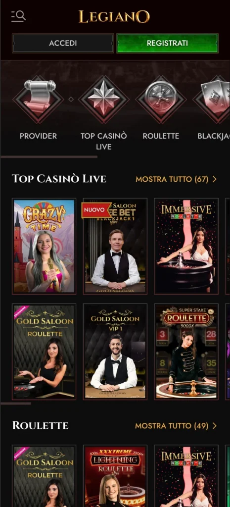Legiano casino mobile homepage
