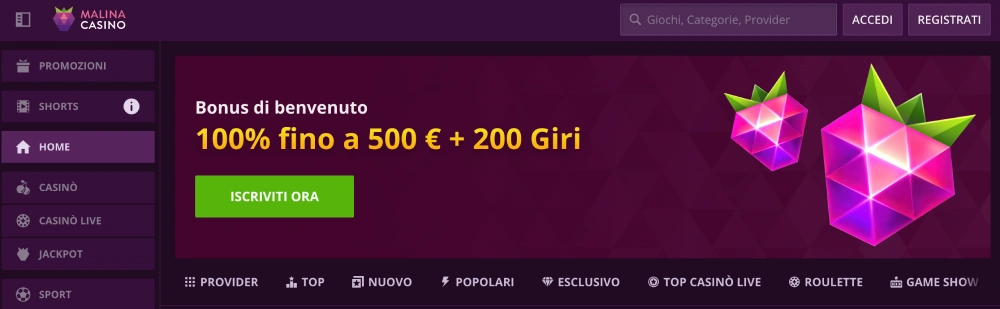 Malina casino homepage
