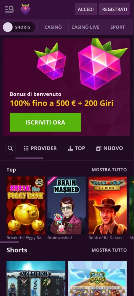 Malina casino mobile homepage