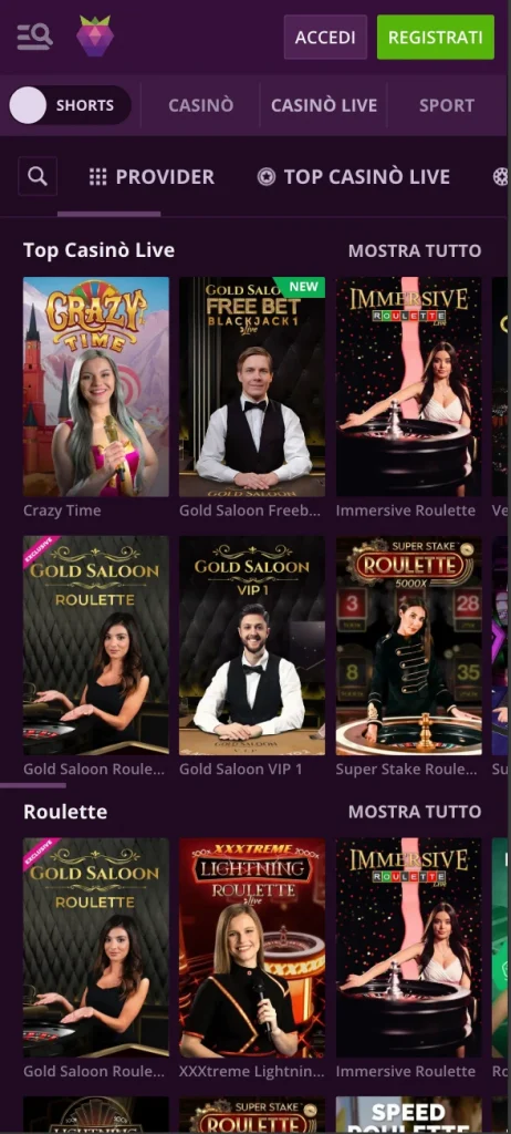 Malina casino mobile giochi dal vivo