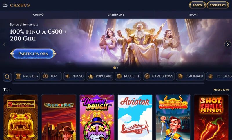Homepage del casinò Cazeus